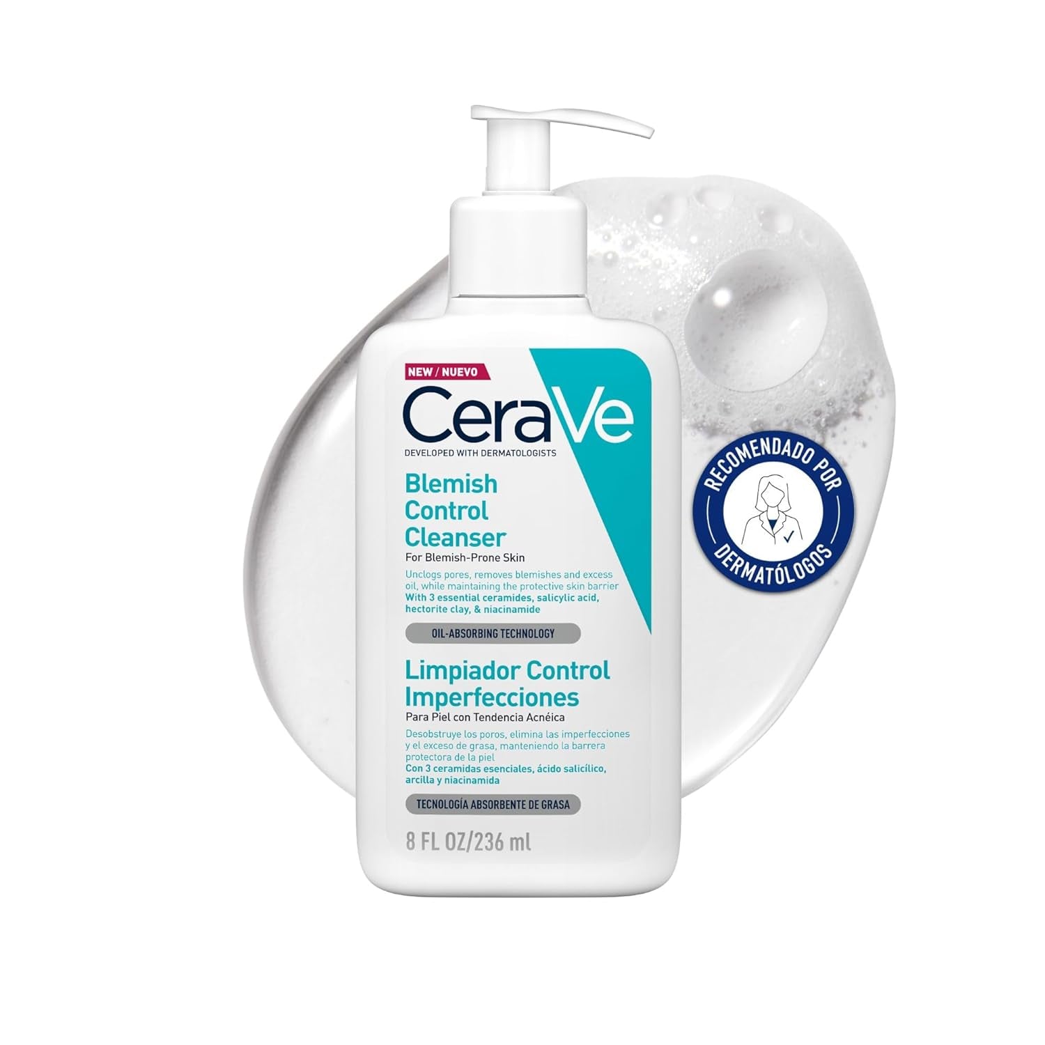 Cerave Gel Limpiador Control Imperfecciones, Para Piel Con Tendencia Acneica Y Grasa, Reduce El Acné, Los Puntos Negros Y Mejora Los Poros, Tratamiento En Gel Con Ácido Salicílico, 236Ml