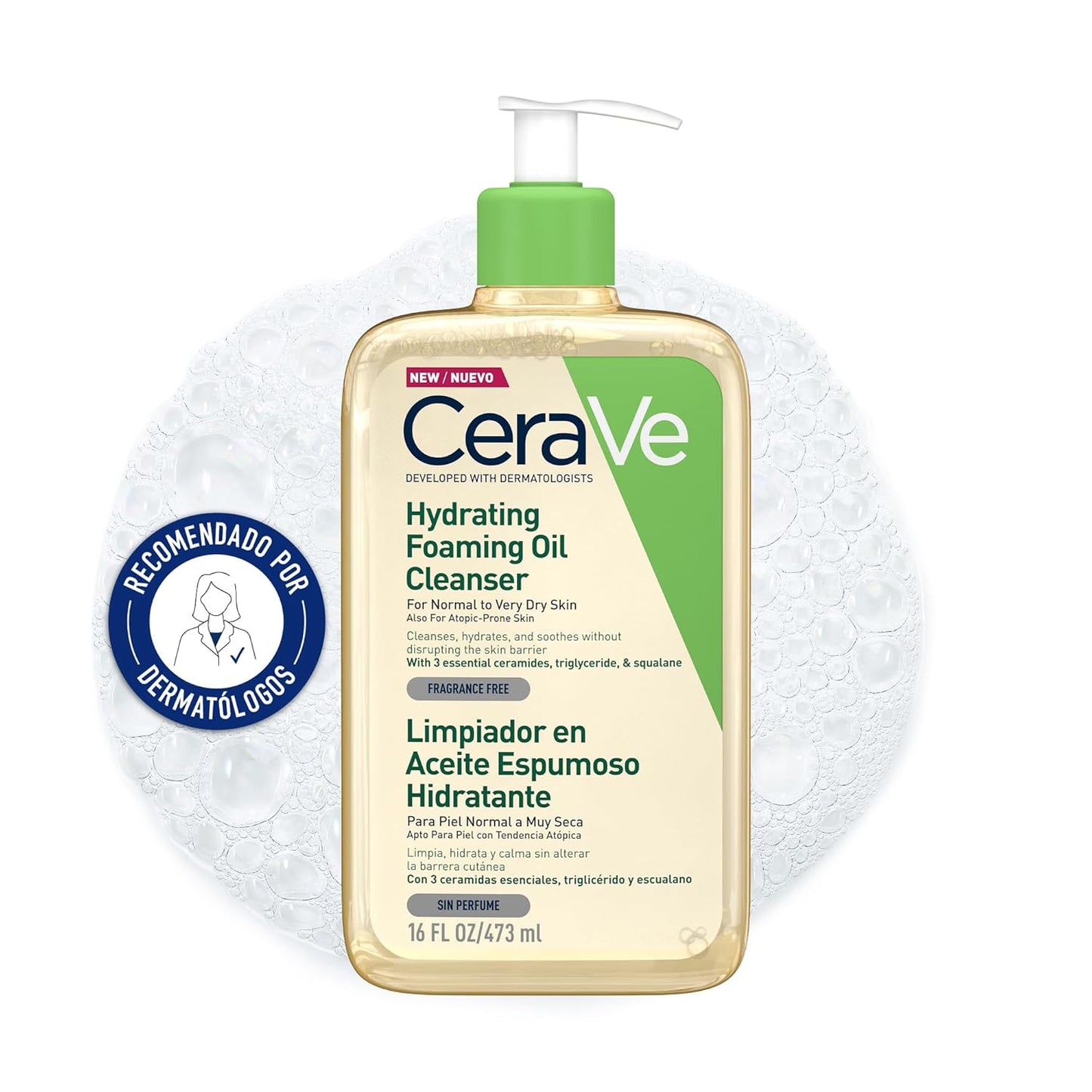 Cerave Limpiador En Aceite Espumoso Hidratante, Para Pieles Normales a Muy Secas Con Tendencia Atópica, Para Rostro Y Cuerpo, Limpia E Hidrata, Enriquecido Con Ácido Hialurónico, 473Ml