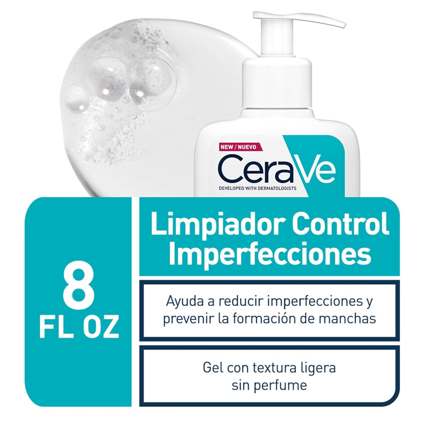 Cerave Gel Limpiador Control Imperfecciones, Para Piel Con Tendencia Acneica Y Grasa, Reduce El Acné, Los Puntos Negros Y Mejora Los Poros, Tratamiento En Gel Con Ácido Salicílico, 236Ml