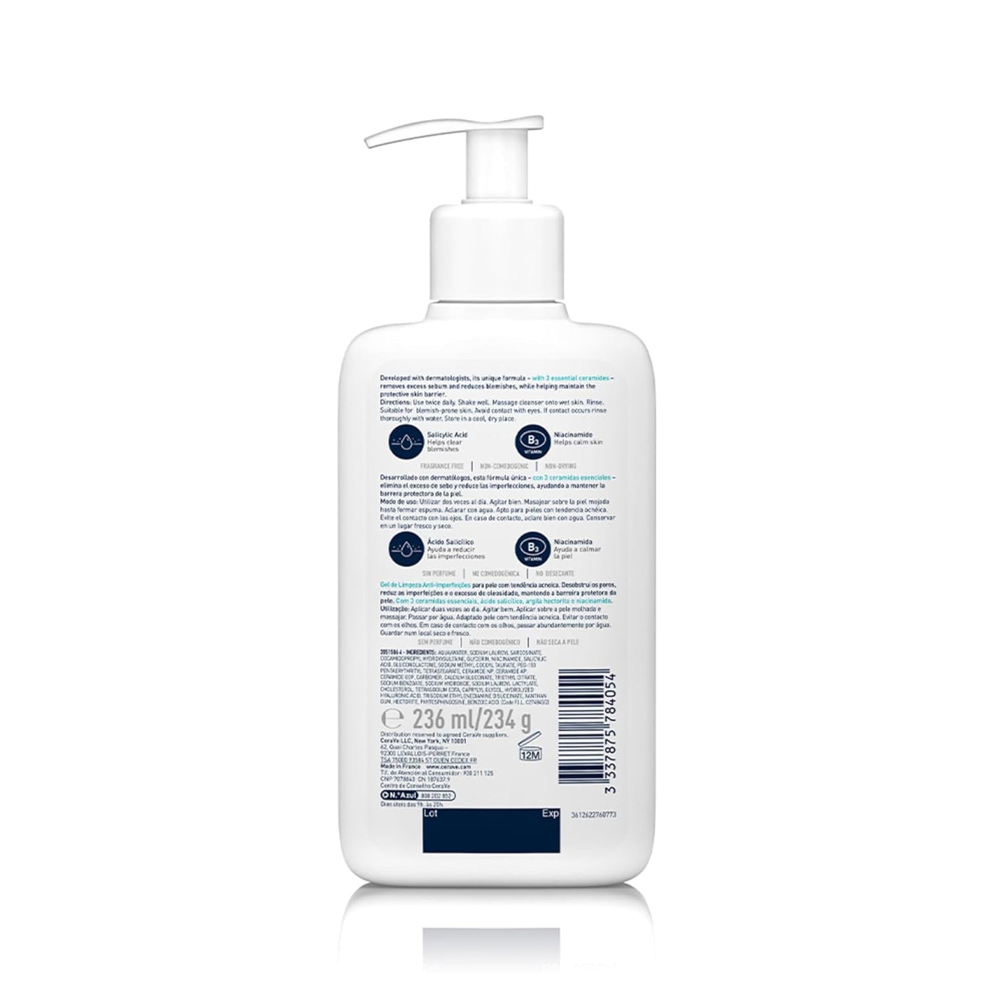 Cerave Gel Limpiador Control Imperfecciones, Para Piel Con Tendencia Acneica Y Grasa, Reduce El Acné, Los Puntos Negros Y Mejora Los Poros, Tratamiento En Gel Con Ácido Salicílico, 236Ml