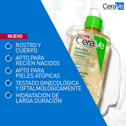 Cerave Limpiador En Aceite Espumoso Hidratante, Para Pieles Normales a Muy Secas Con Tendencia Atópica, Para Rostro Y Cuerpo, Limpia E Hidrata, Enriquecido Con Ácido Hialurónico, 473Ml