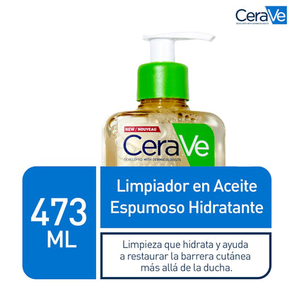 Cerave Limpiador En Aceite Espumoso Hidratante, Para Pieles Normales a Muy Secas Con Tendencia Atópica, Para Rostro Y Cuerpo, Limpia E Hidrata, Enriquecido Con Ácido Hialurónico, 473Ml