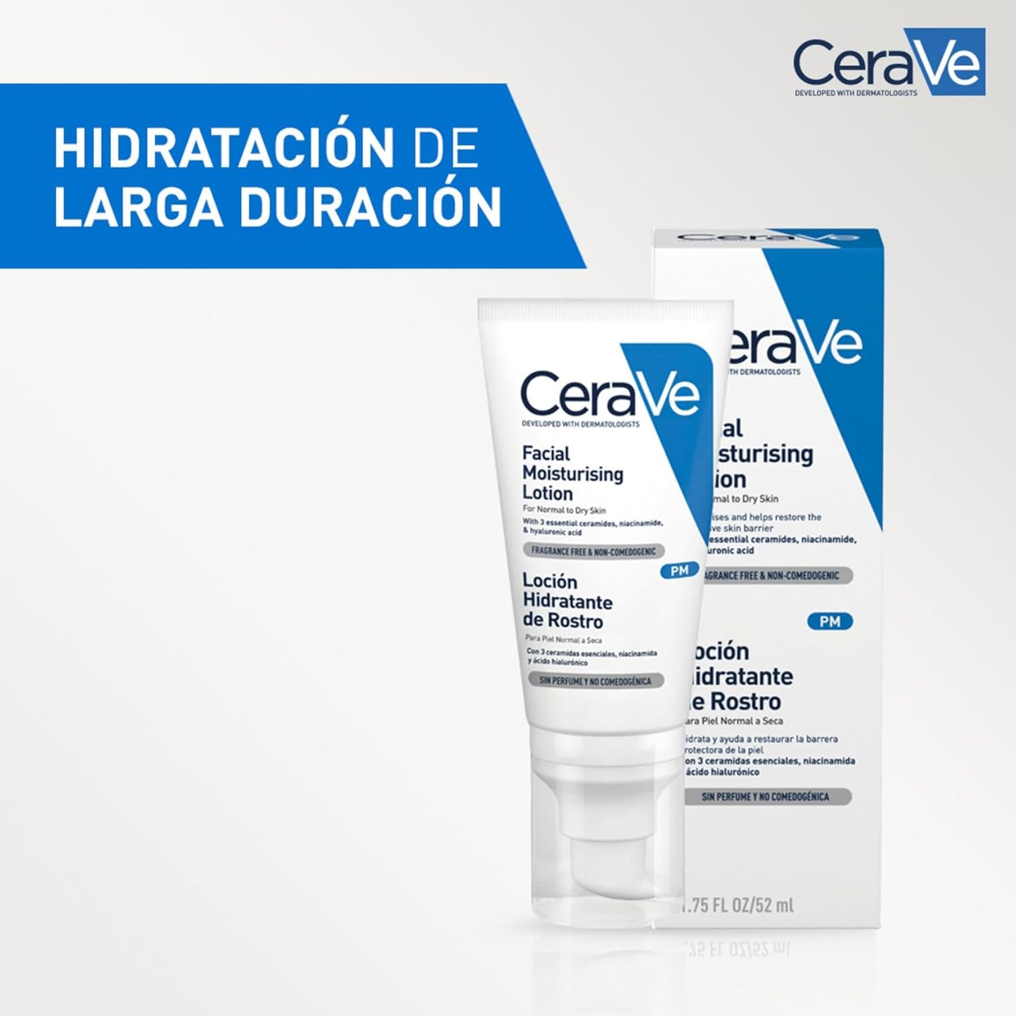 Cerave, Loción Hidratante De Rostro PM, Para Piel Normal a Seca, Hidrata Y Restaura La Barrera Protectora De La Piel, Enriquecida Con Ceramidas Esenciales, Niacinamida Y Ácido Hialurónico, 52Ml